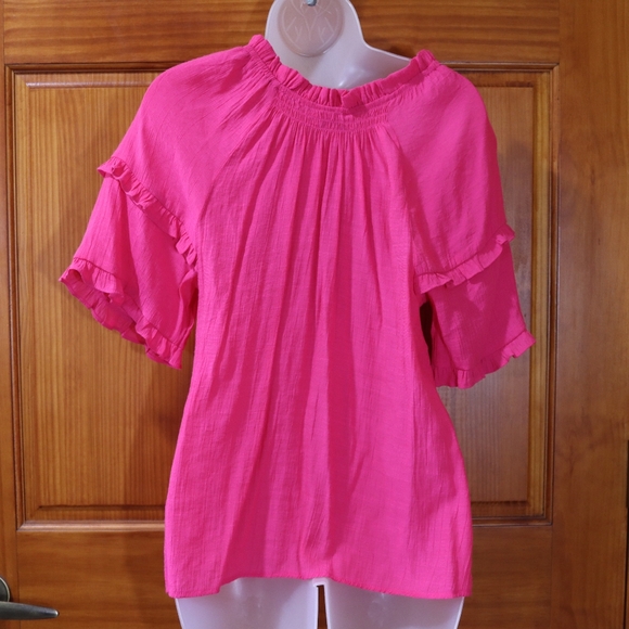 Nanette Lepore Vibrant Pink Ruffled Blouse 3/4 Sleeve Small Boho Chic Top - Picture 7 of 11
